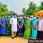 Home 21 예방의학 진로 고민 상담 - A vibrant community health camp scene in a rural Bengali village, showing diverse local people inclu...