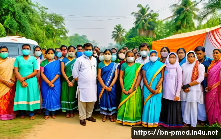 예방의학 진로 고민 상담 - A vibrant community health camp scene in a rural Bengali village, showing diverse local people inclu...