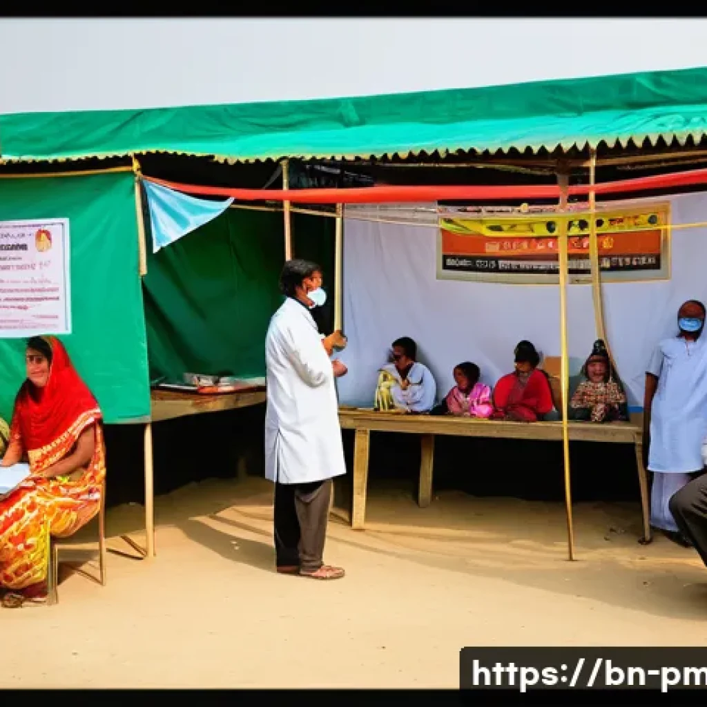 예방의학 전문가의 경력 쌓기 - A detailed scene of a community health camp in rural Bangladesh, featuring Bengali healthcare worker...