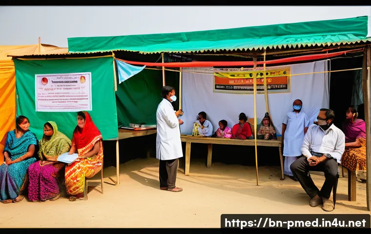예방의학 전문가의 경력 쌓기 - A detailed scene of a community health camp in rural Bangladesh, featuring Bengali healthcare worker...