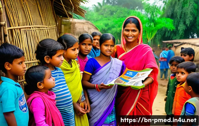 예방의학 현장 실습 체험기 - A vibrant community health worker in rural Bangladesh wearing modest clothing and a colorful sari, e...