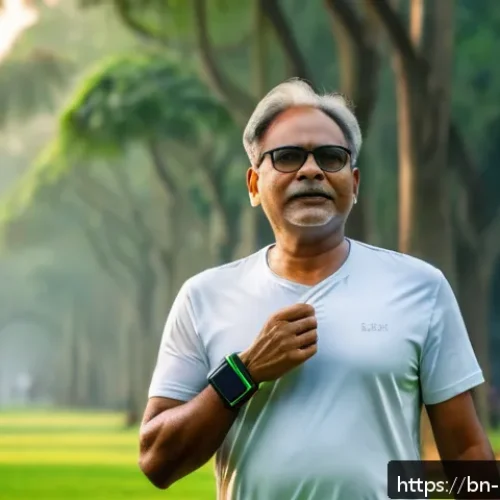 Home 30 예방의학과 헬스케어 기술 발전 - A middle-aged Bengali man wearing casual clothes and a sleek fitness tracker wristband, walking in a...
