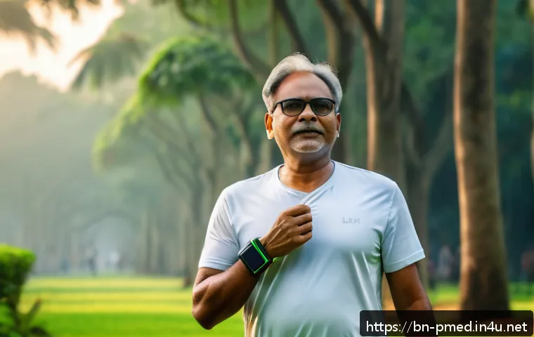 예방의학과 헬스케어 기술 발전 - A middle-aged Bengali man wearing casual clothes and a sleek fitness tracker wristband, walking in a...