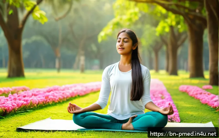 예방의학과 심리학의 연관성 - A serene outdoor scene in a lush green park in Bangladesh during early morning, featuring a young Be...