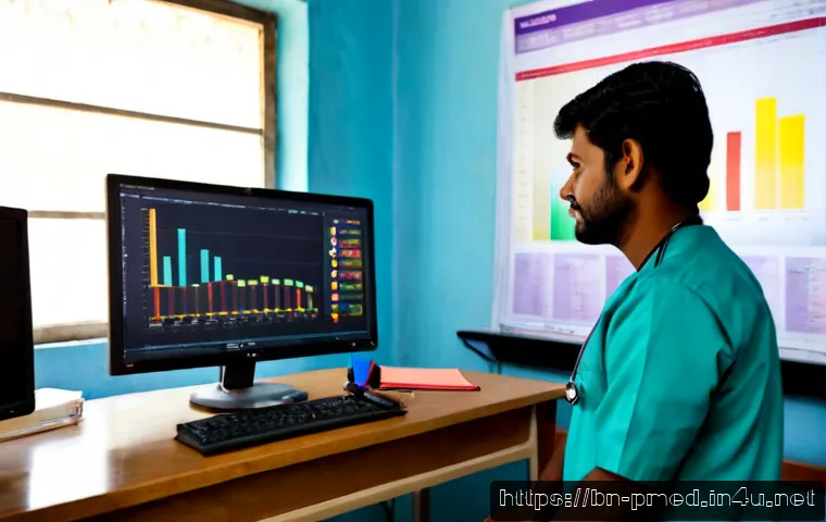 예방의학 데이터 분석 활용법 - Photorealistic preventive medicine data analysis scene in a modern Bangladesh public health office, ...